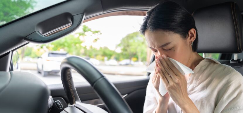 Alergias al volante: conductora estornudando en el coche; importancia del filtro de habitáculo y aire acondicionado.