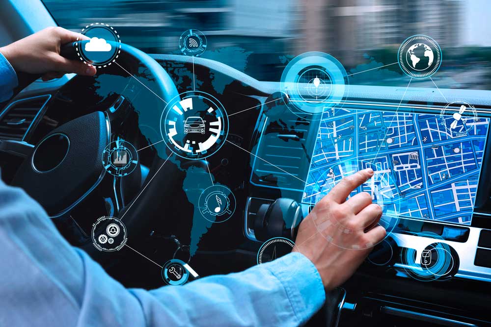 Man using navigation system while driving car, closeup